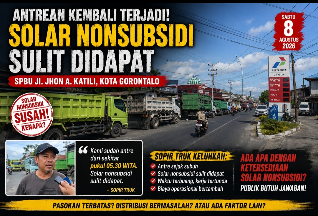 SOLAR NONSUBSIDI SULIT DIDAPAT, ANTREAN TRUK KEMBALI MENGULAR DI SPBU JALAN JHON A. KATILI
